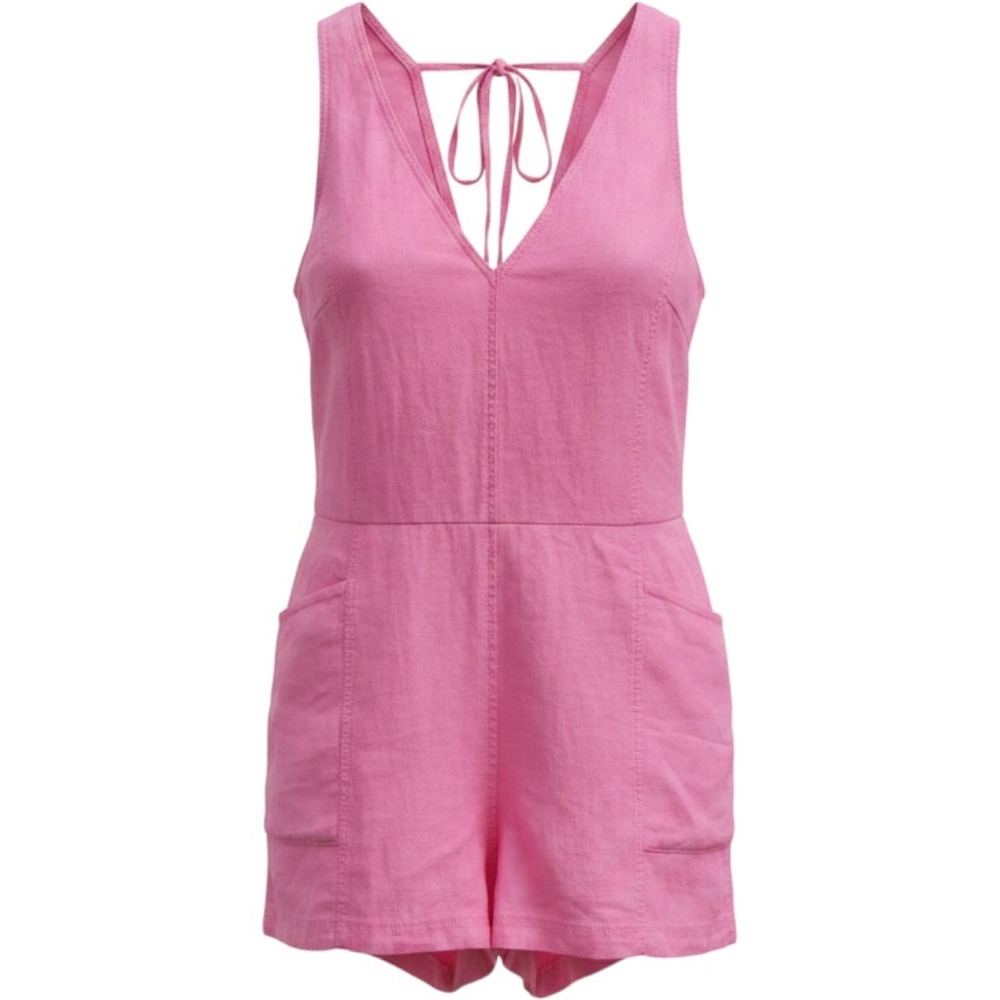 Athleta Pink 100% Linen V-Neck Tie Back Romper Sleeveless Pockets Size M